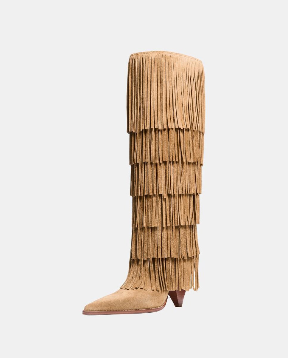Botas Altas Jayla de Camurça com Franjas Castanho-claro-3