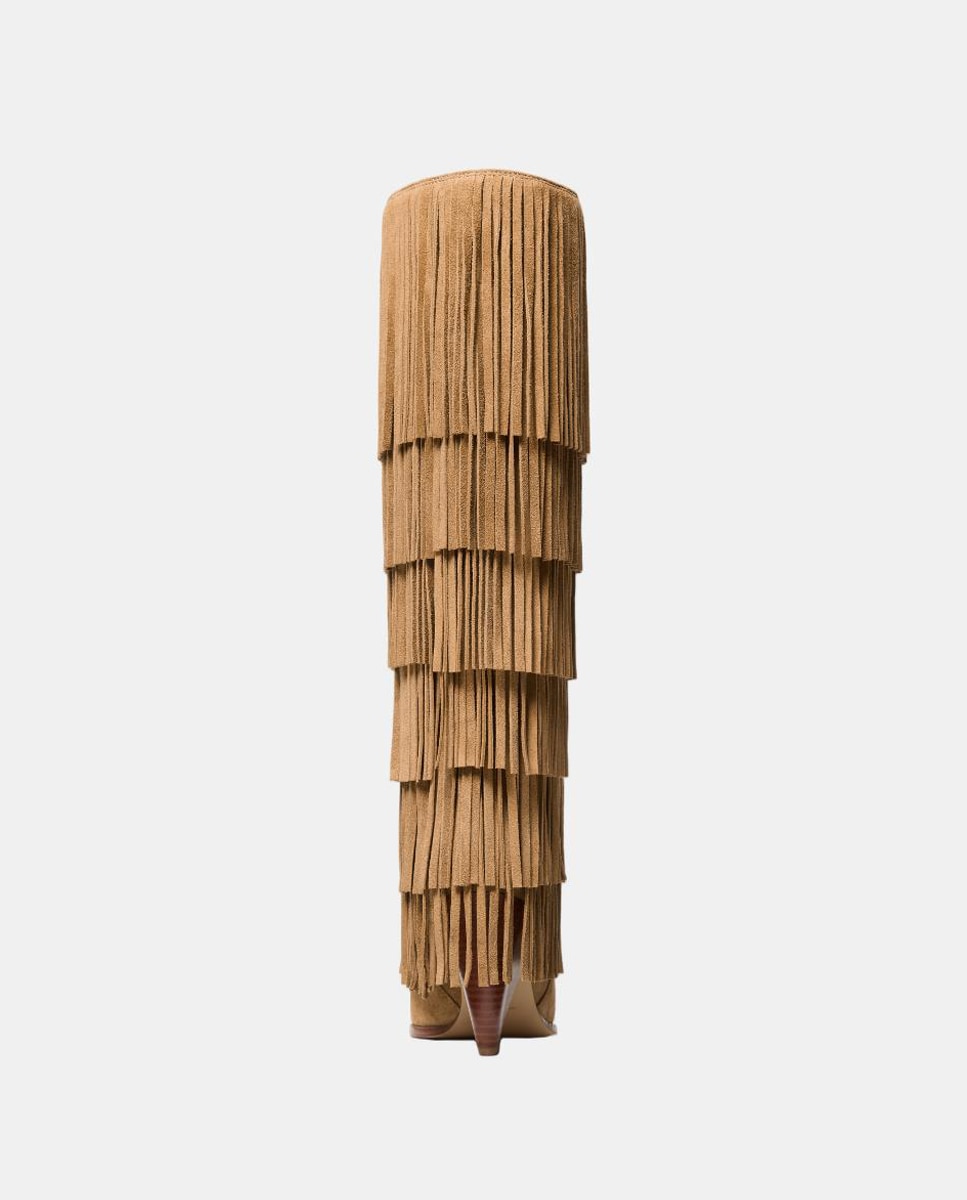Botas Altas Jayla de Camurça com Franjas Castanho-claro-4
