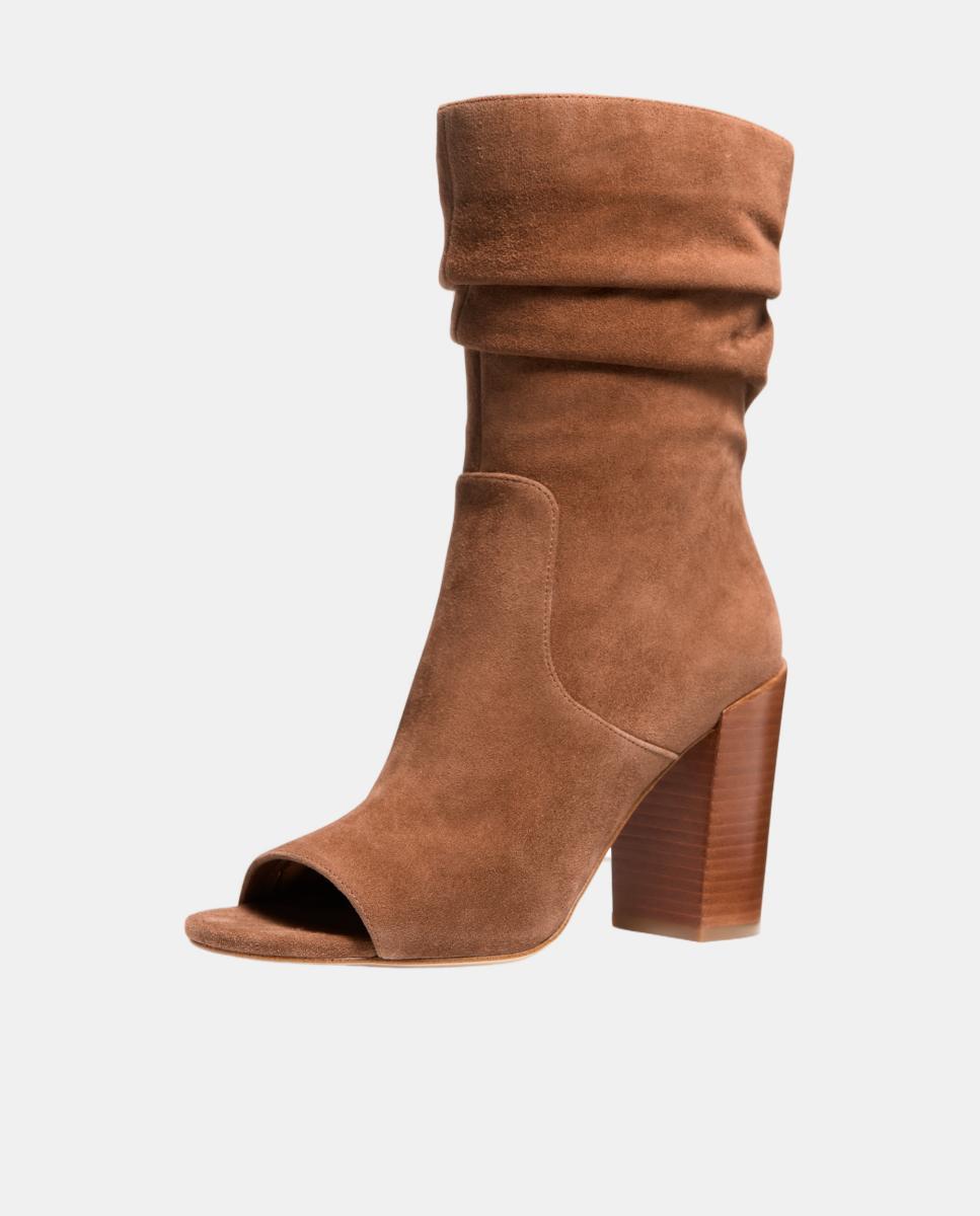 Botins Peep Toe Shayna de Camurça com Salto de Bloco Couro-3