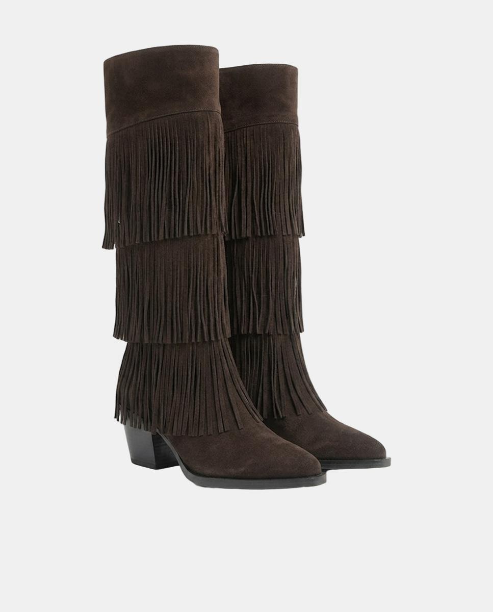 Botas de mujer concepto cowboy con adorno de flecos en serraje soft - Dansi - Marrón Marrón-2