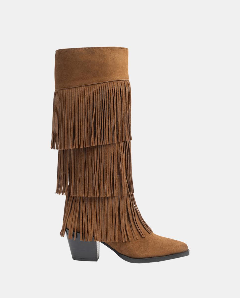 Imagen 0 de Botas de mujer concepto cowboy con adorno de flecos en serraje soft Cuero
