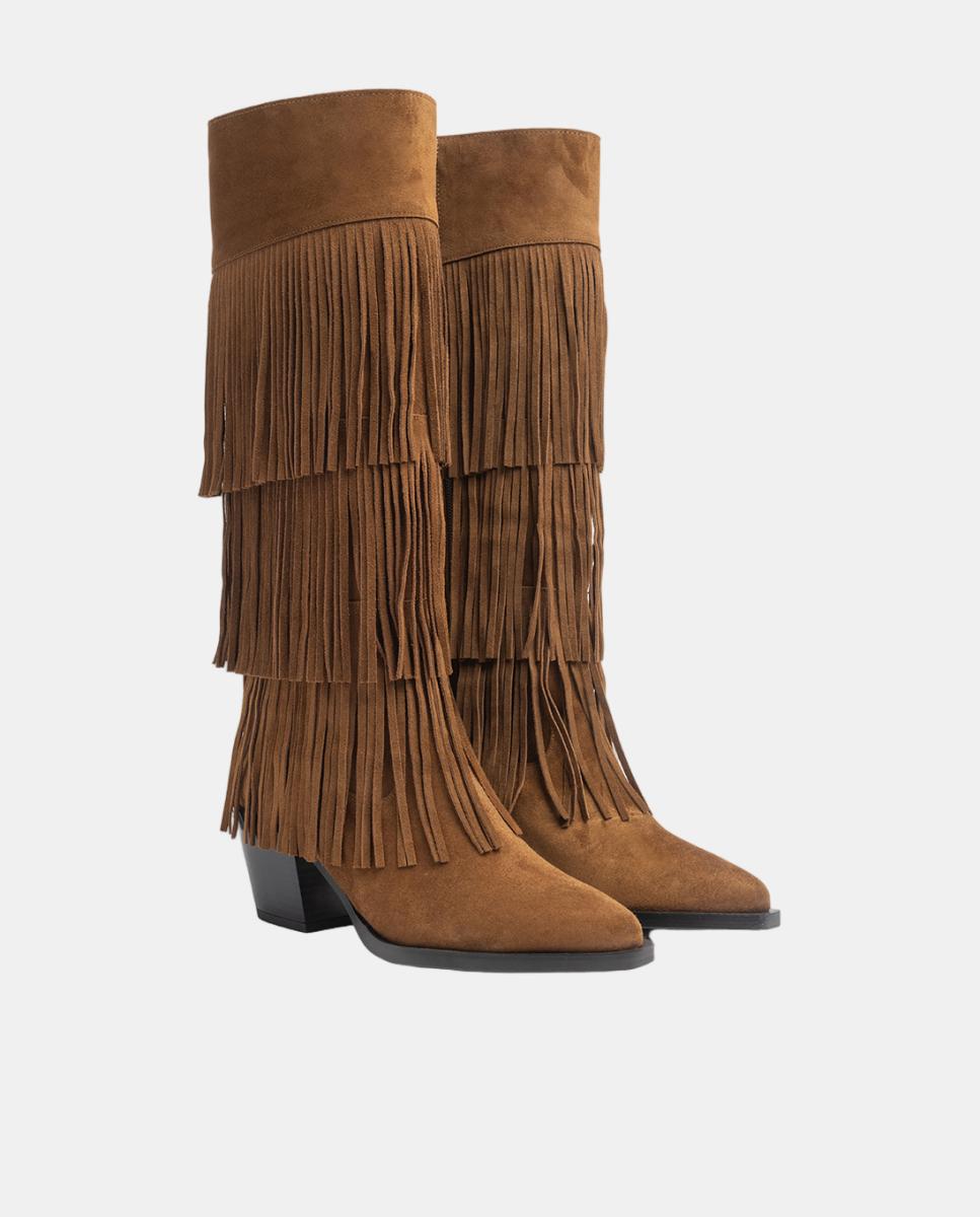Botas de mujer concepto cowboy con adorno de flecos en serraje soft - Dansi - Cuero Cuero-2