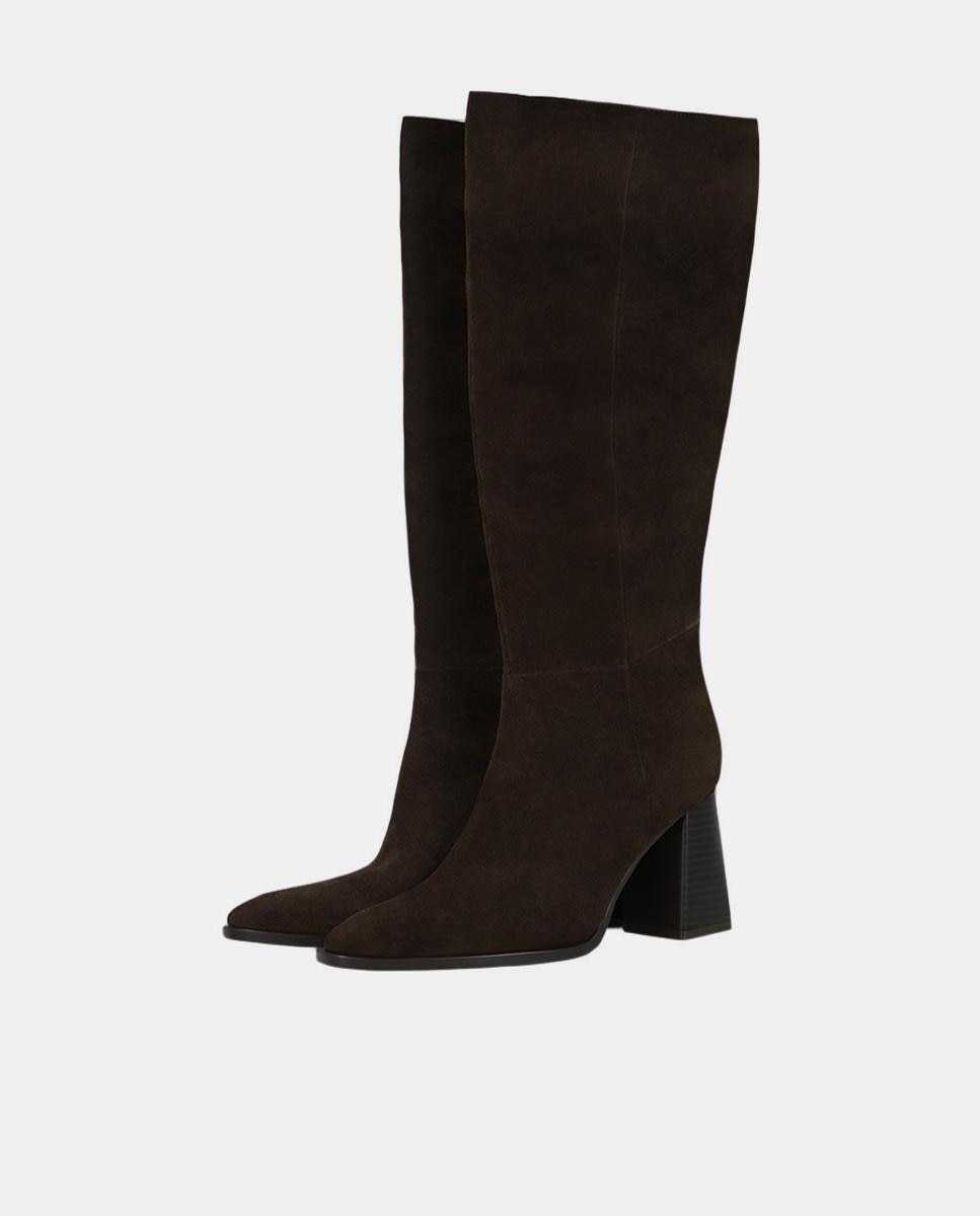 Botas com Salto e Plataforma em Pele - Preto Castanho-2