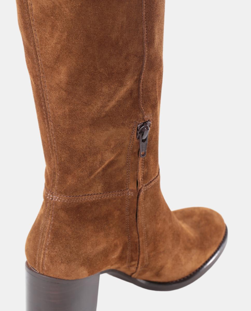 Botas Altas Lisas em Pele com Tacão e Fecho de Correr Castanho taupe-2