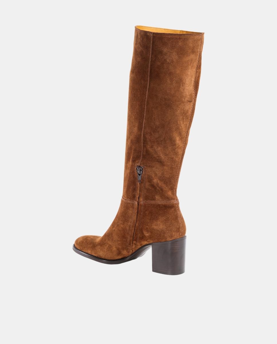 Botas Altas Lisas em Pele com Tacão e Fecho de Correr Castanho taupe-5