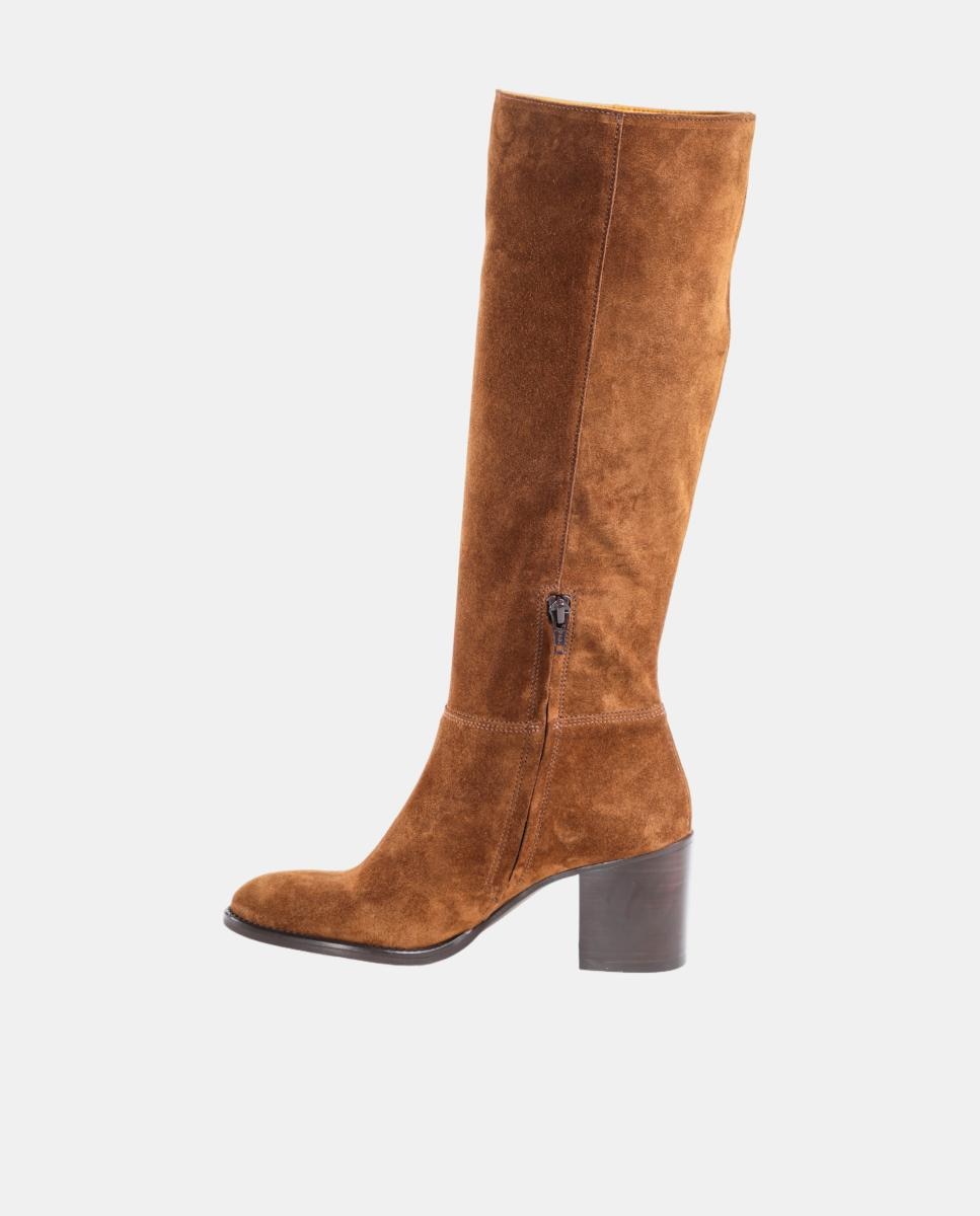 Botas Altas Lisas em Pele com Tacão e Fecho de Correr Castanho taupe-6
