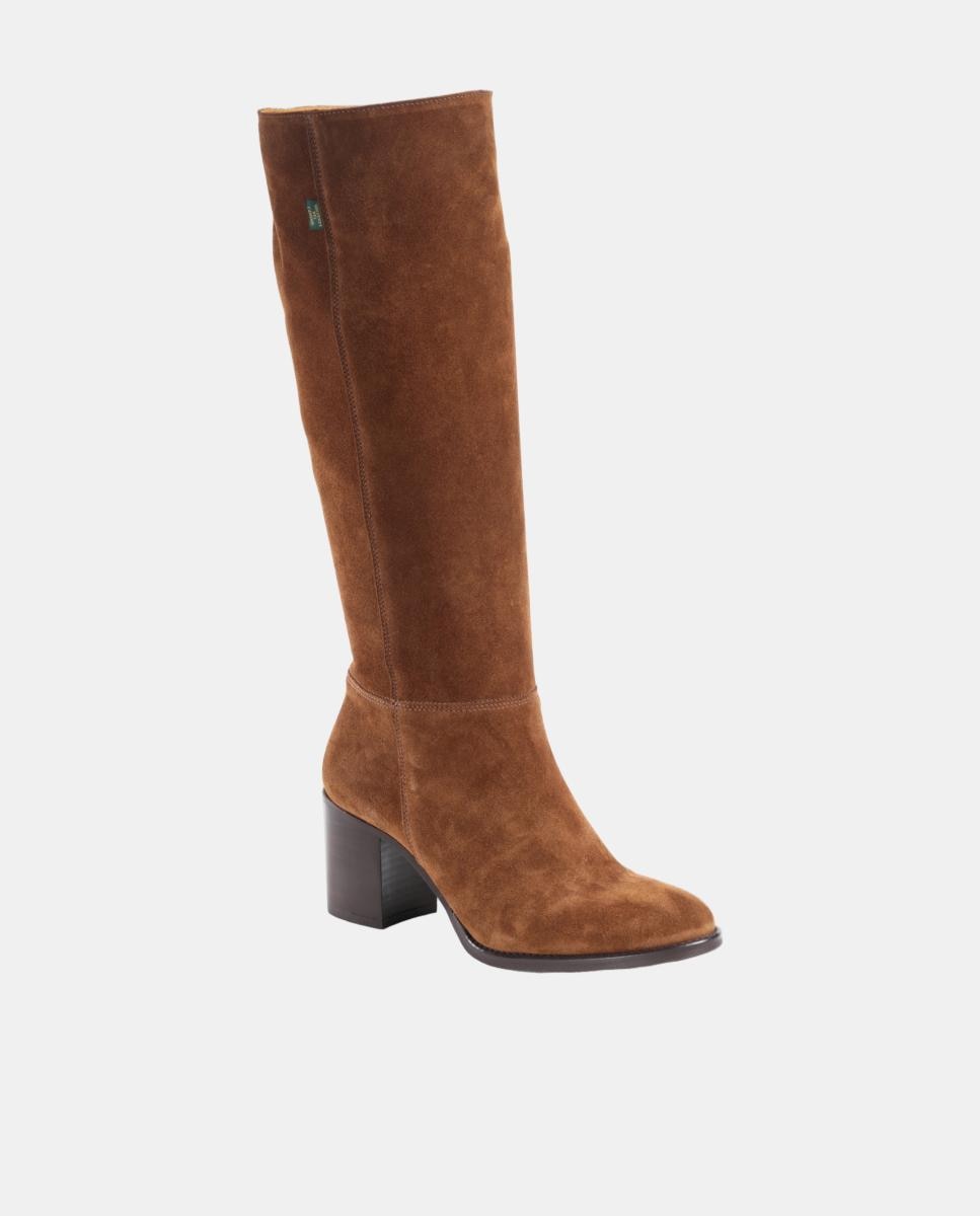 Botas Altas Lisas em Pele com Tacão e Fecho de Correr Castanho taupe-7
