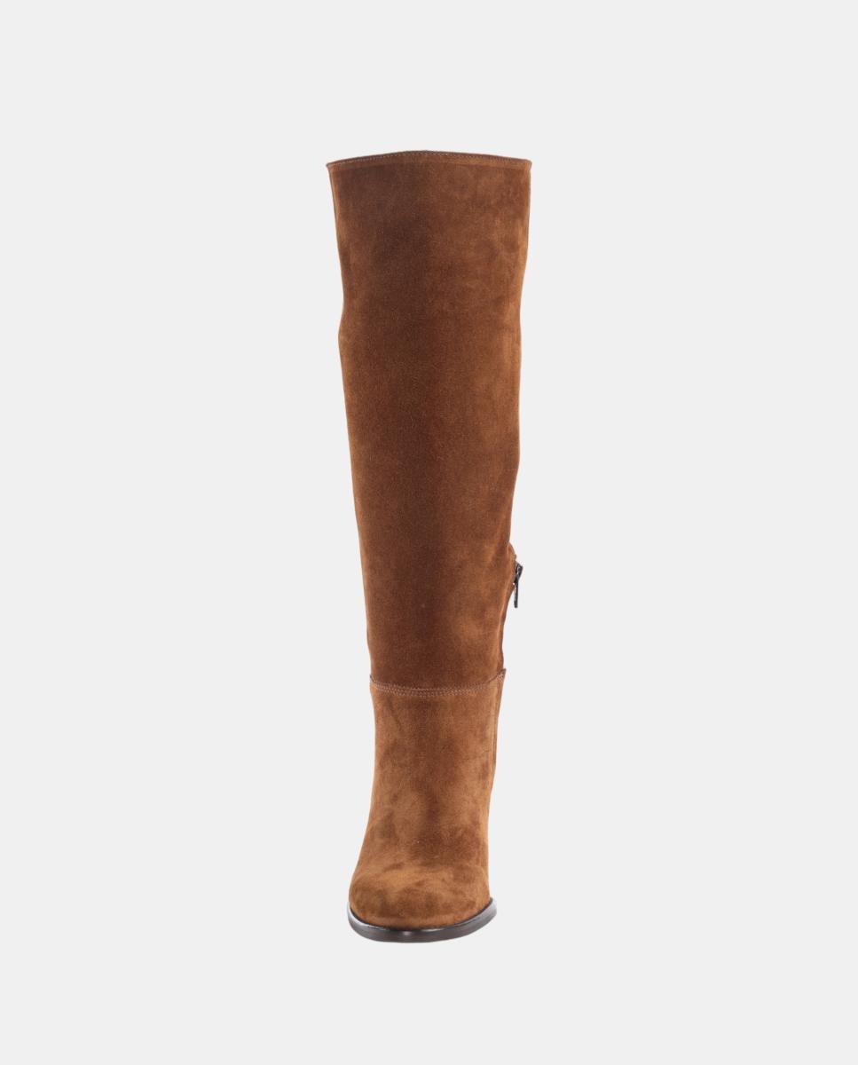 Botas Altas Lisas em Pele com Tacão e Fecho de Correr Castanho taupe-9