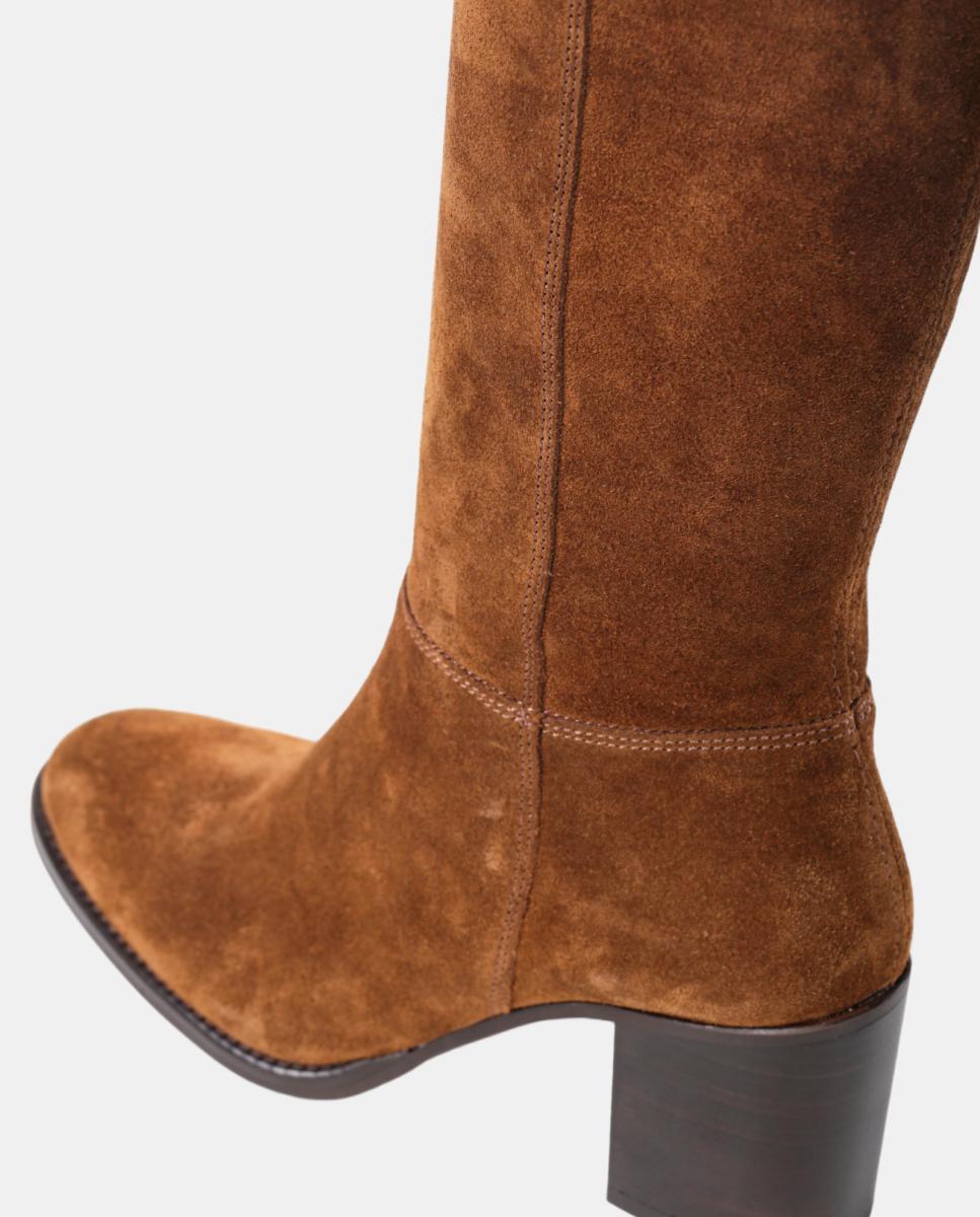 Botas Altas Lisas em Pele com Tacão e Fecho de Correr Castanho taupe-10