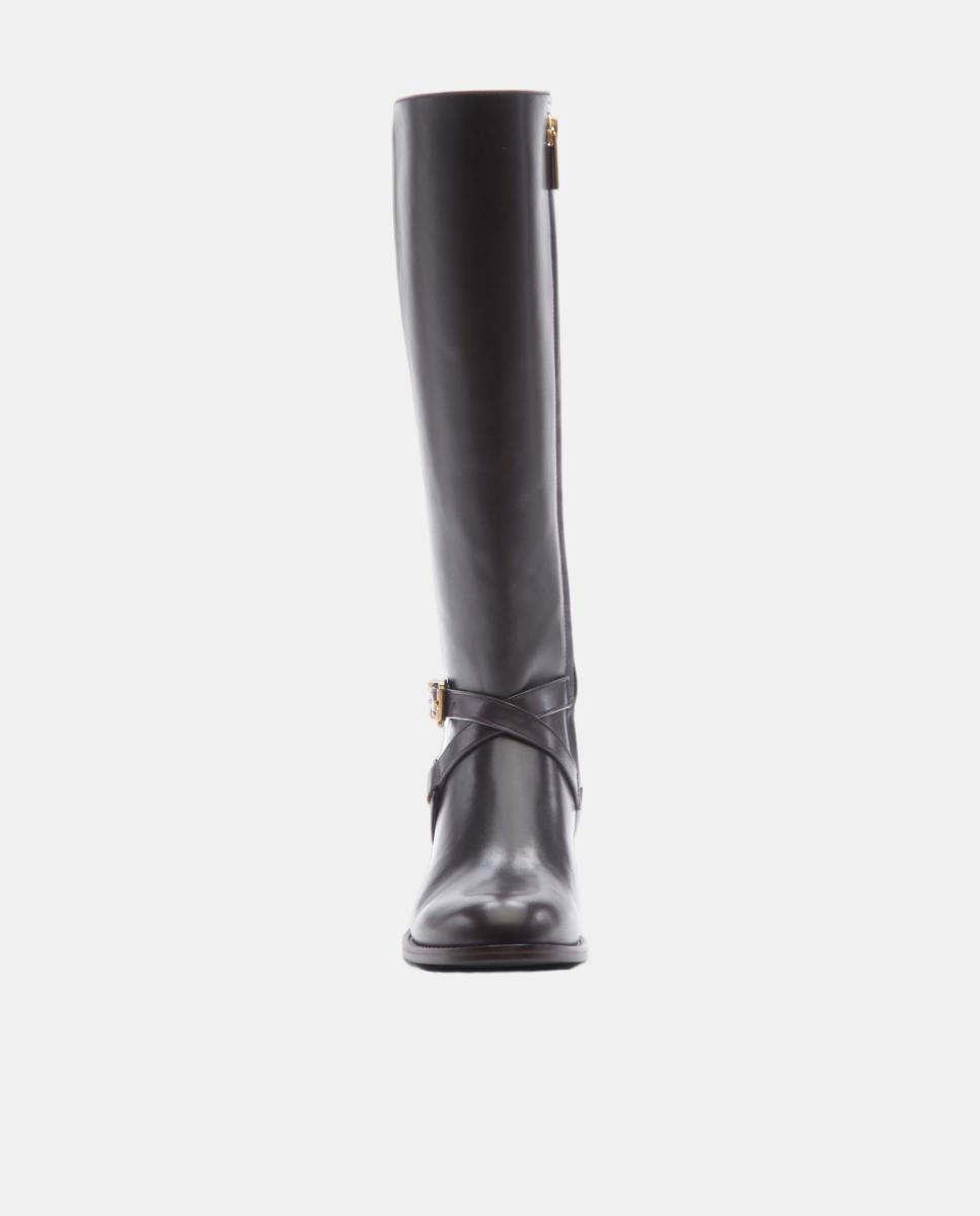 Botas Altas Rasas Rachel com Tiras Cruzadas e Detalhes MK - Dourado Castanho-chocolate-2