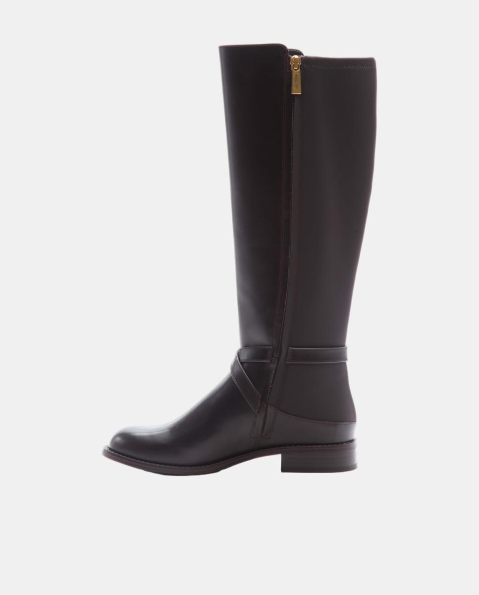 Botas Altas Rasas Rachel com Tiras Cruzadas e Detalhes MK - Dourado Castanho-chocolate-3