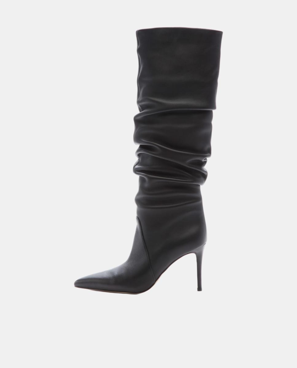 Botas Altas Enrugadas Dawn em Pele com Salto de Agulha Preto-3