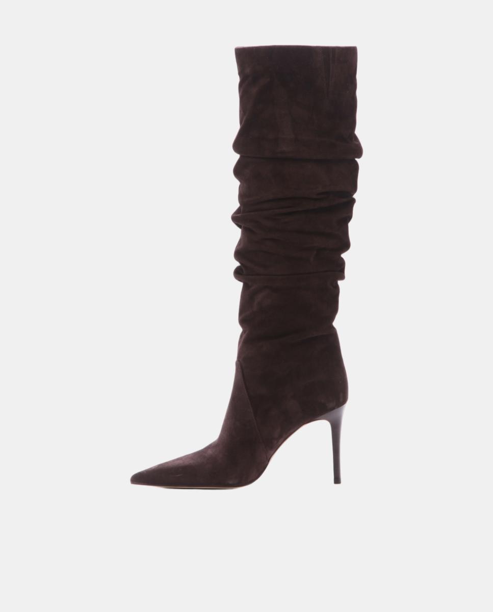 Botas Altas Enrugadas Dawn de Camurça com Salto de Agulha Castanho-chocolate-3