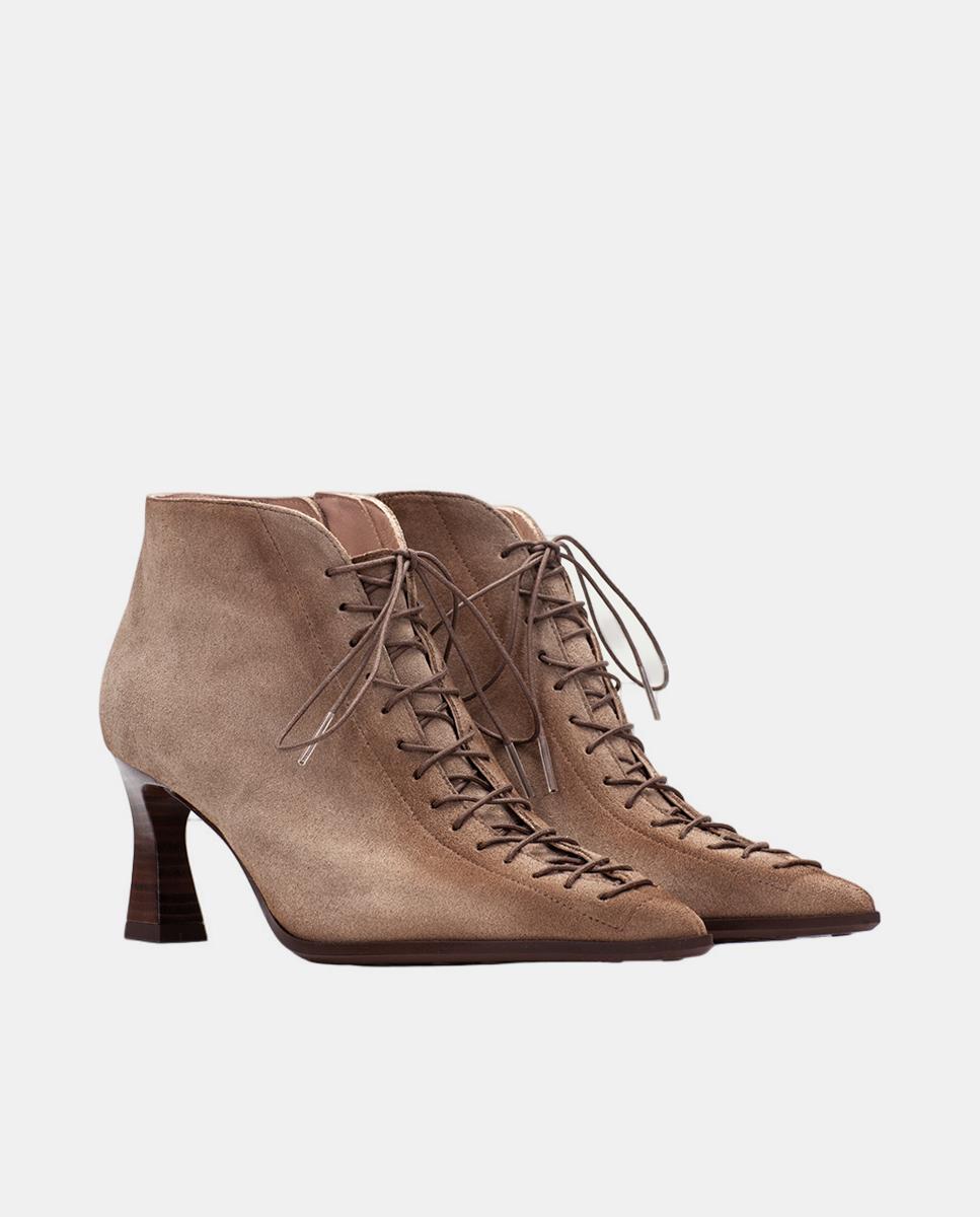 Zapatos de mujer botin hispanitas de tacón, punta fina y cordones tipo corsé - Gris Topo Gris Topo-2