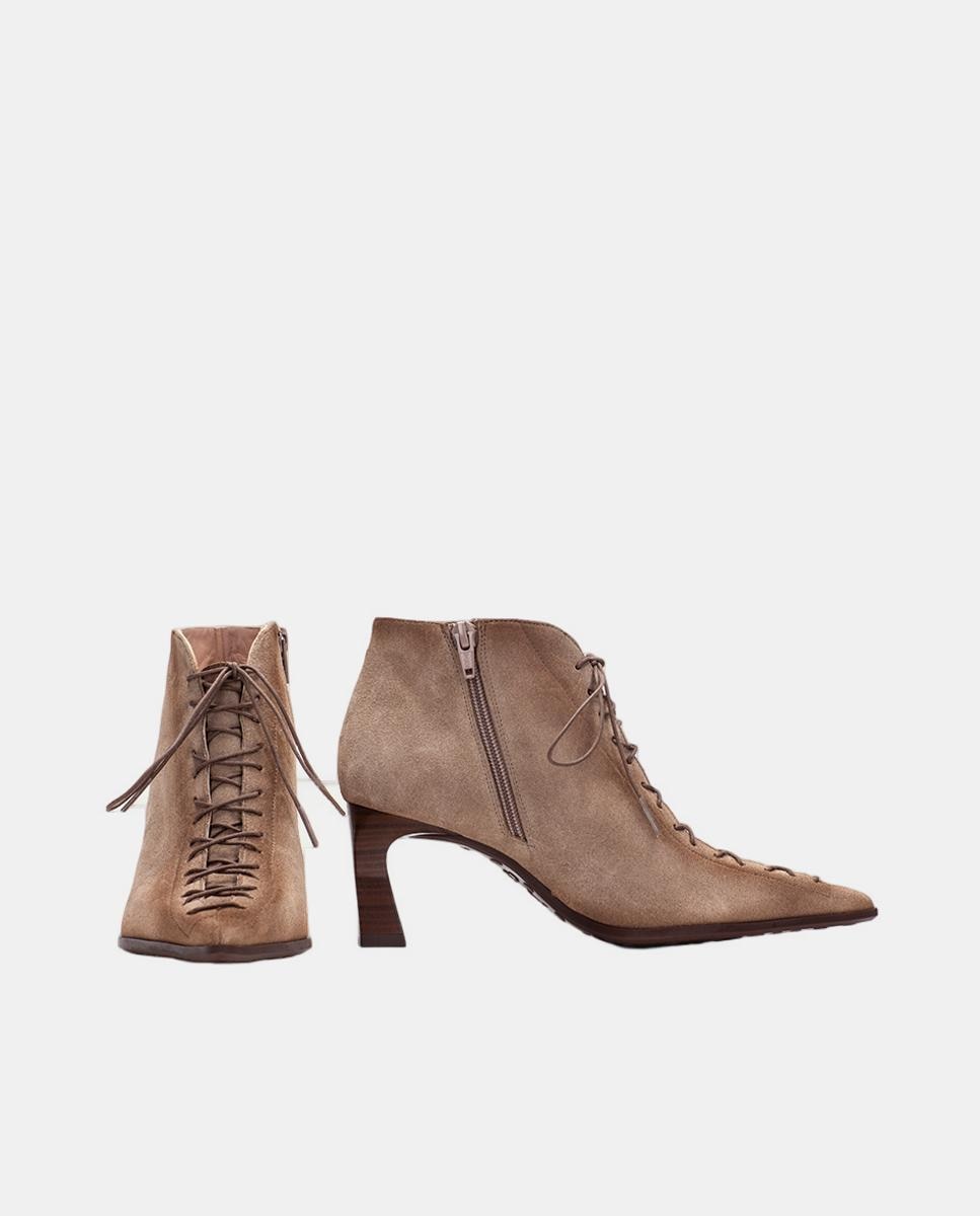 Zapatos de mujer botin hispanitas de tacón, punta fina y cordones tipo corsé - Gris Topo Gris Topo-4