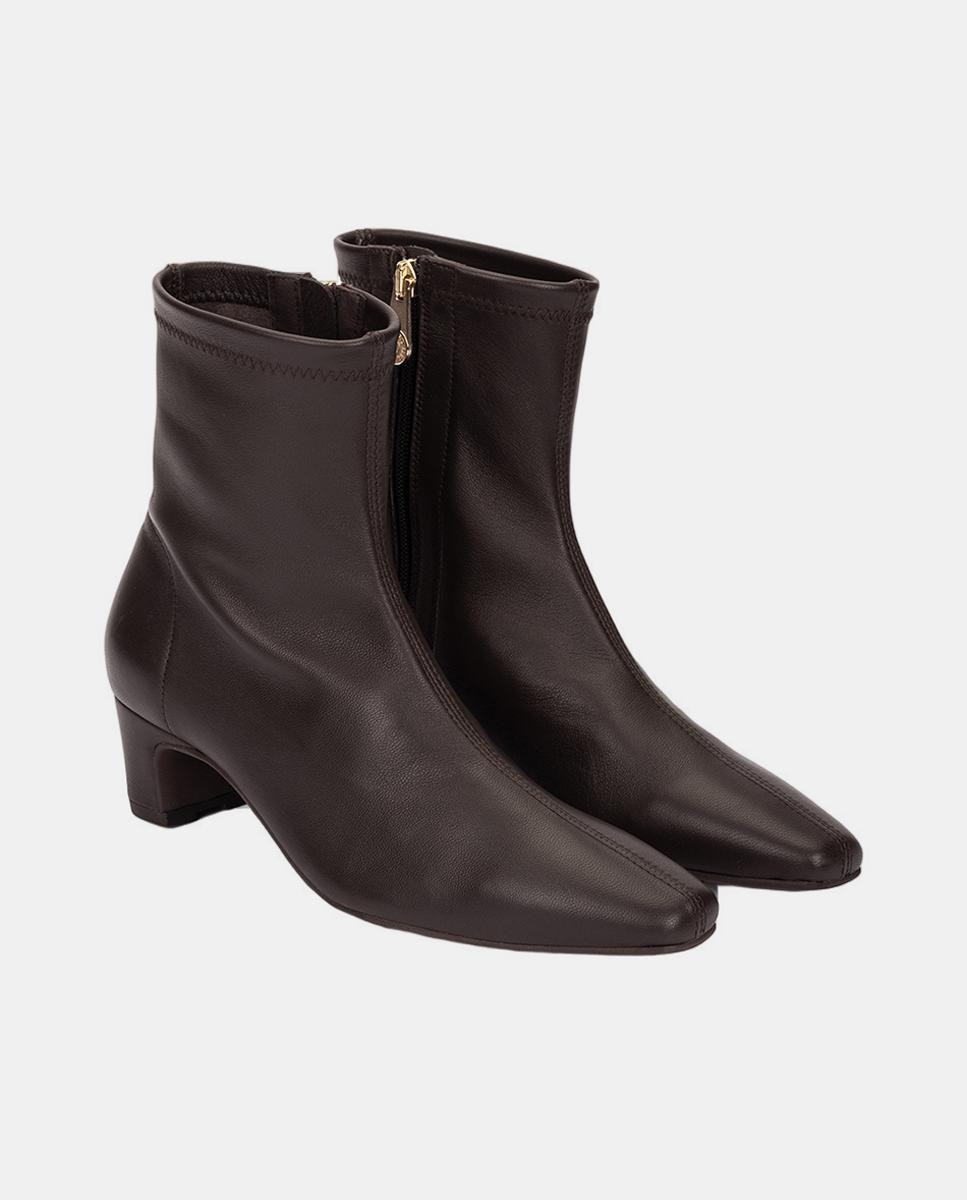 Botins em Pele com Salto Baixo Castanho-escuro-2