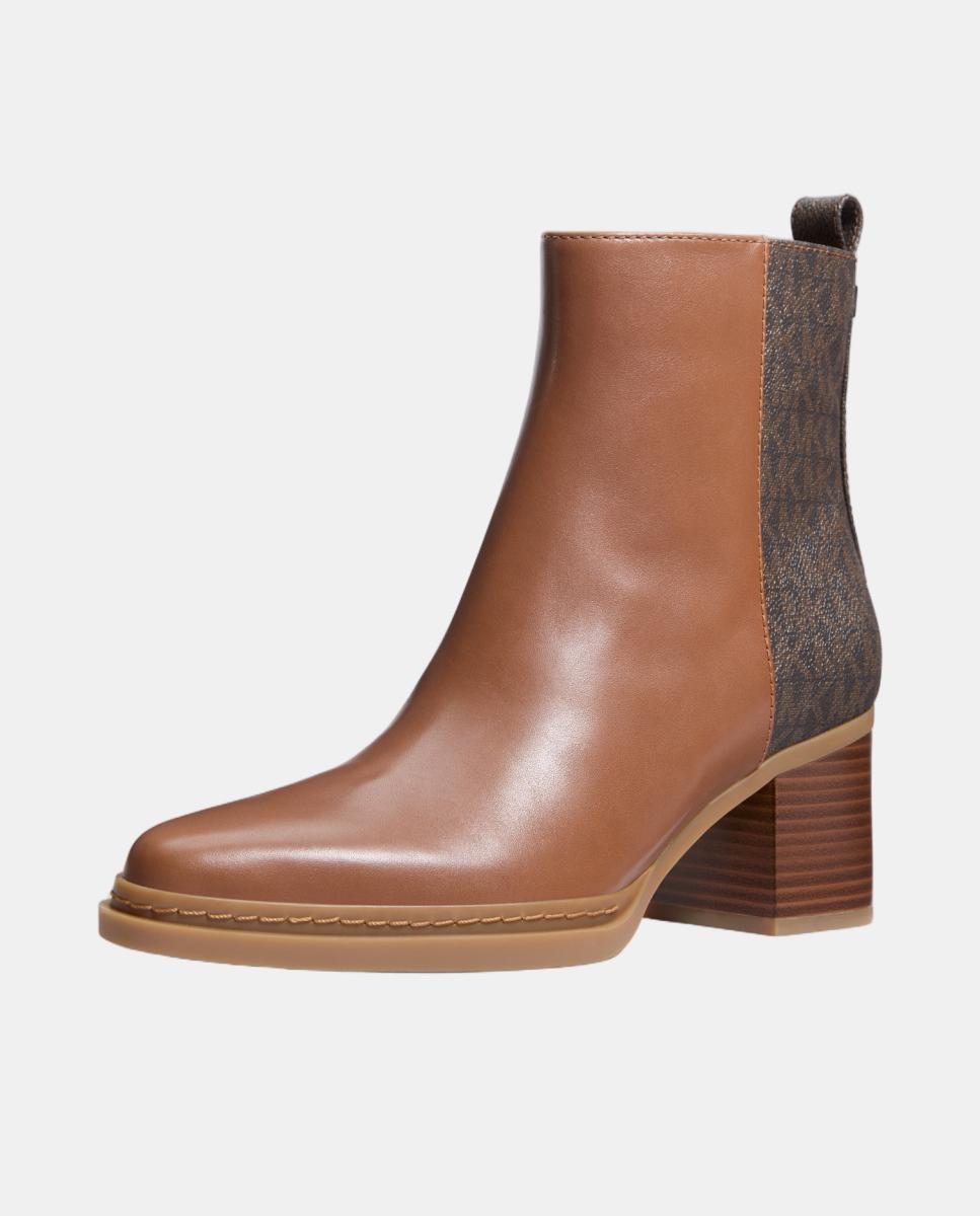 Botins Lex com Combinação de Estampado de Logótipo Chocolate com Salto de Bloco Couro-3