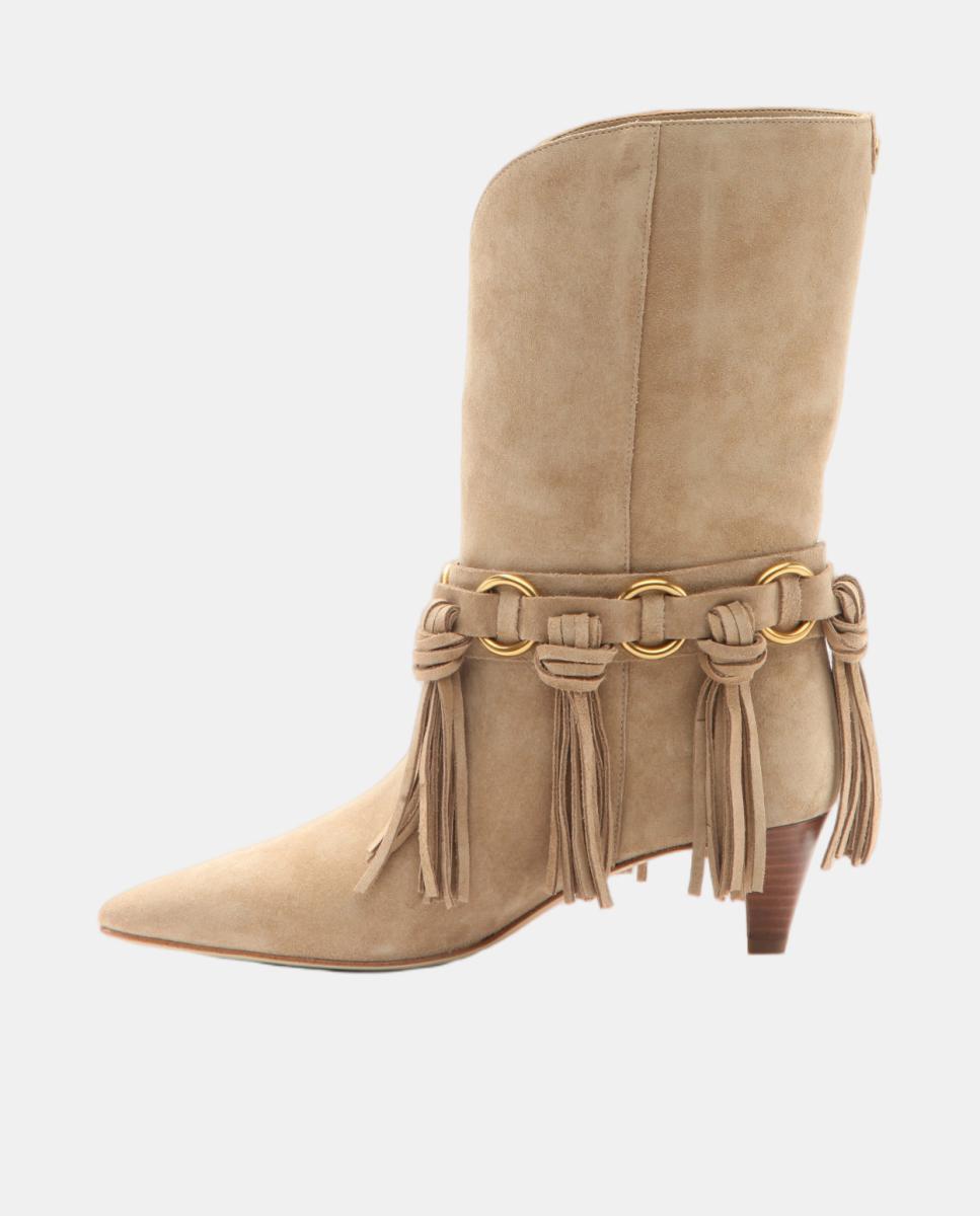 Botins de salto Daniela de Camurça com Franjas Bege-3