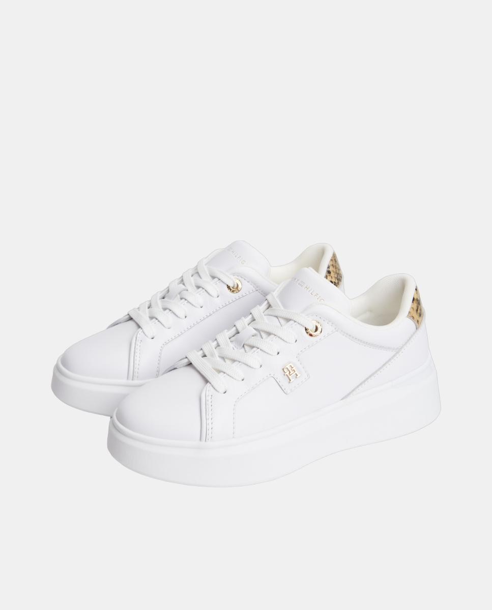 Sapatilhas de Pele para Mulher com Plataforma e Animal Print Branco-6