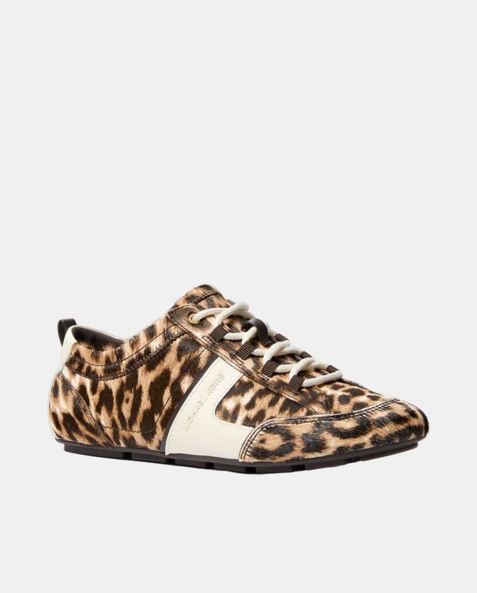 Sapatilhas Keely em Pele Haircalf com Animal Print de Leopardo, Sola Fina e Atacadores Multicolor-2