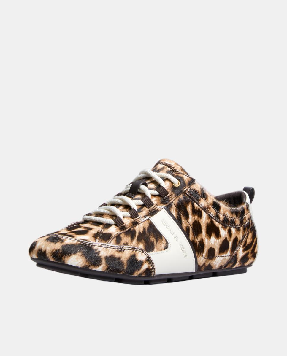 Sapatilhas Keely em Pele Haircalf com Animal Print de Leopardo, Sola Fina e Atacadores Multicolor-3