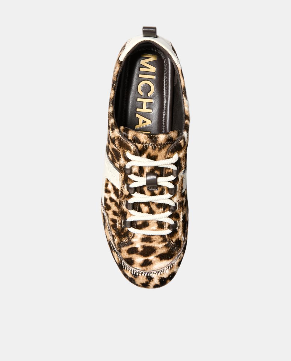 Sapatilhas Keely em Pele Haircalf com Animal Print de Leopardo, Sola Fina e Atacadores Multicolor-4