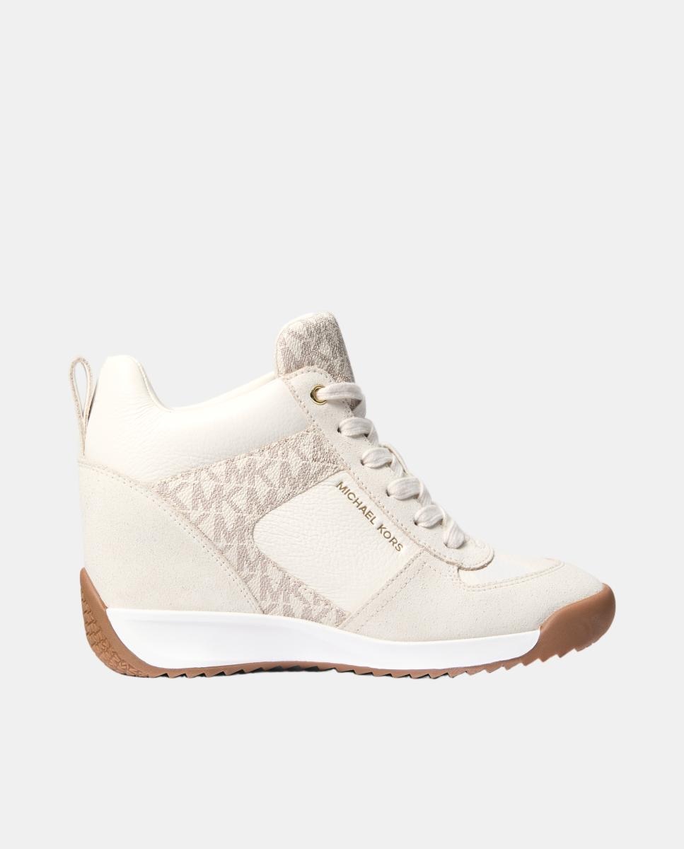 Zapatillas Nikko de mujer de piel con estampado logotipo vainilla y suela cuña - Michael Michael Kors - Crema Crema-1