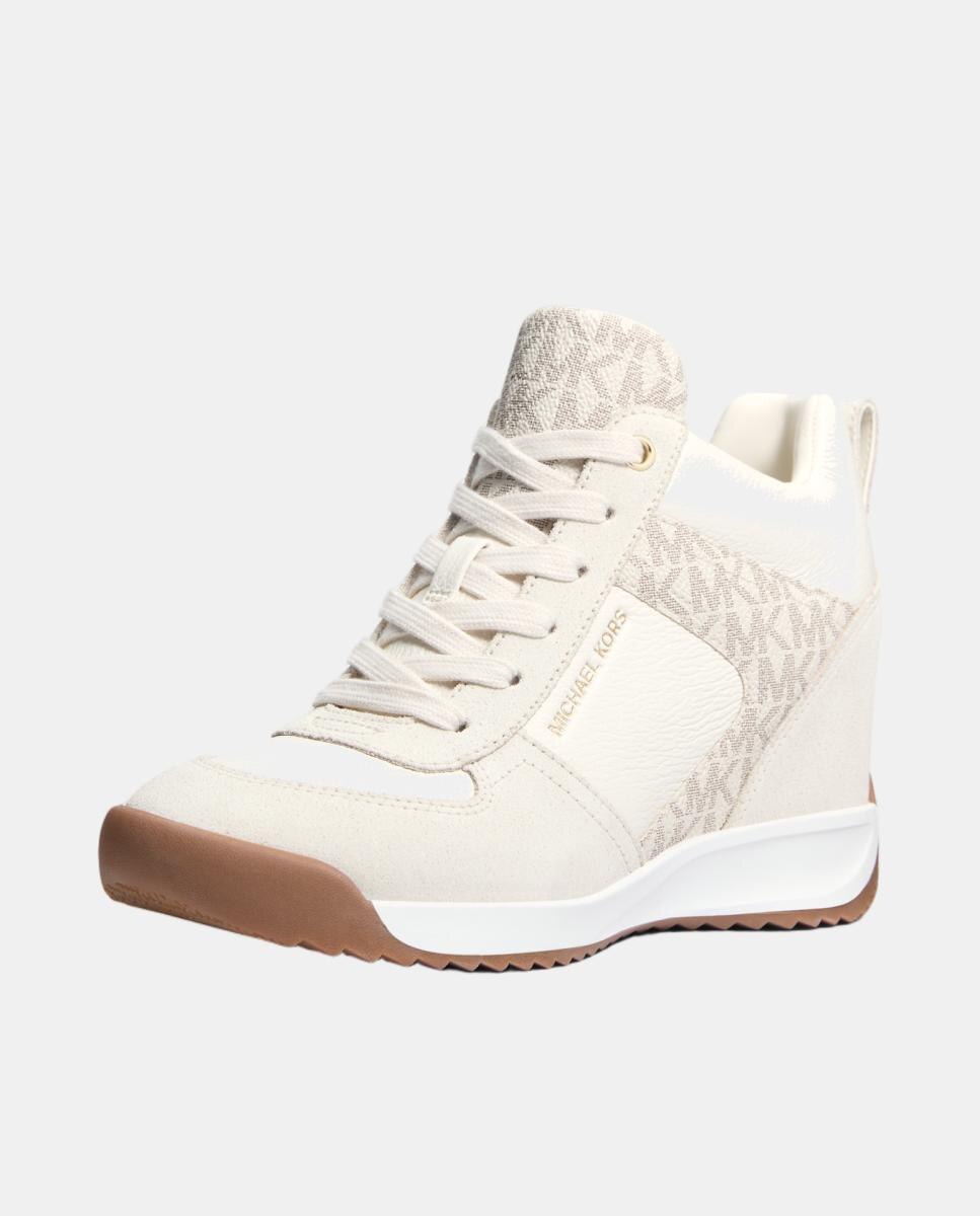 Zapatillas Nikko de mujer de piel con estampado logotipo vainilla y suela cuña - Michael Michael Kors - Crema Crema-4