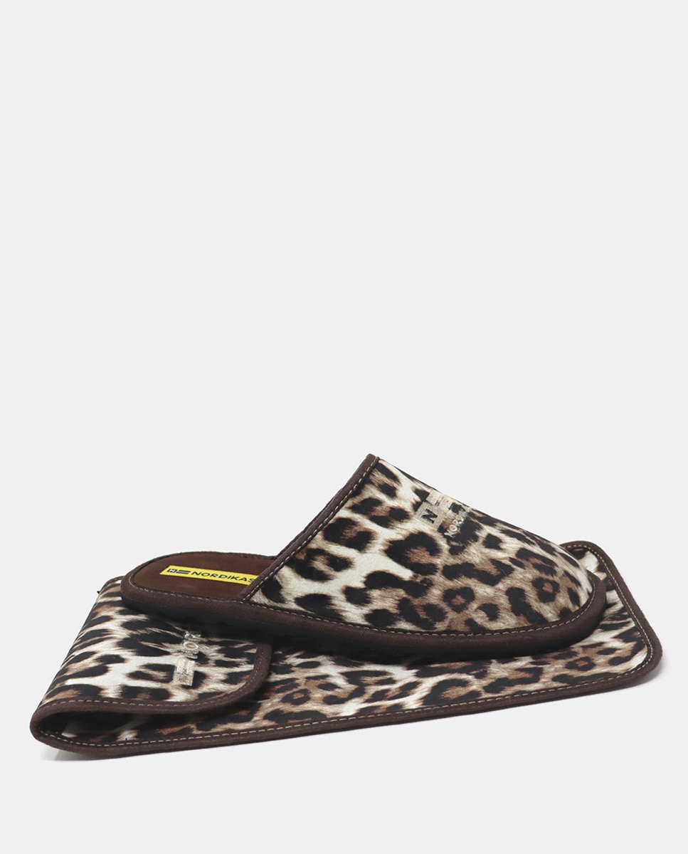 Zapatillas de casa abiertas mujer en tejido animal print - Nordikas - Marrón Marrón-1
