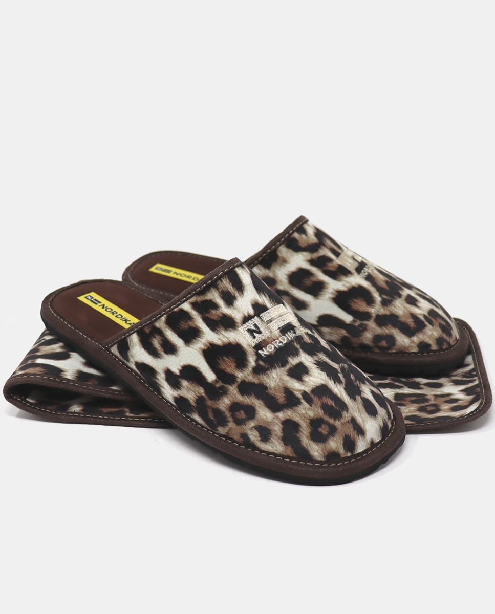 Zapatillas de casa abiertas mujer en tejido animal print - Nordikas - Marrón Marrón-2