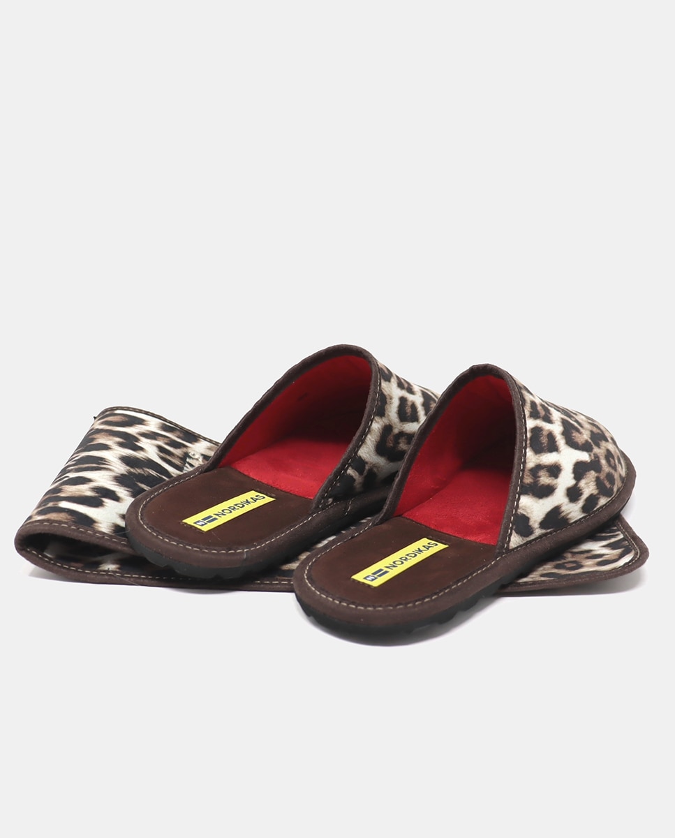 Zapatillas de casa abiertas mujer en tejido animal print - Nordikas - Marrón Marrón-3