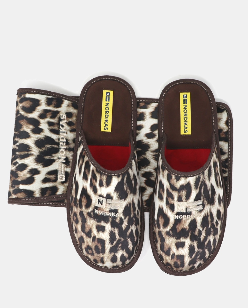 Zapatillas de casa abiertas mujer en tejido animal print - Nordikas - Marrón Marrón-4