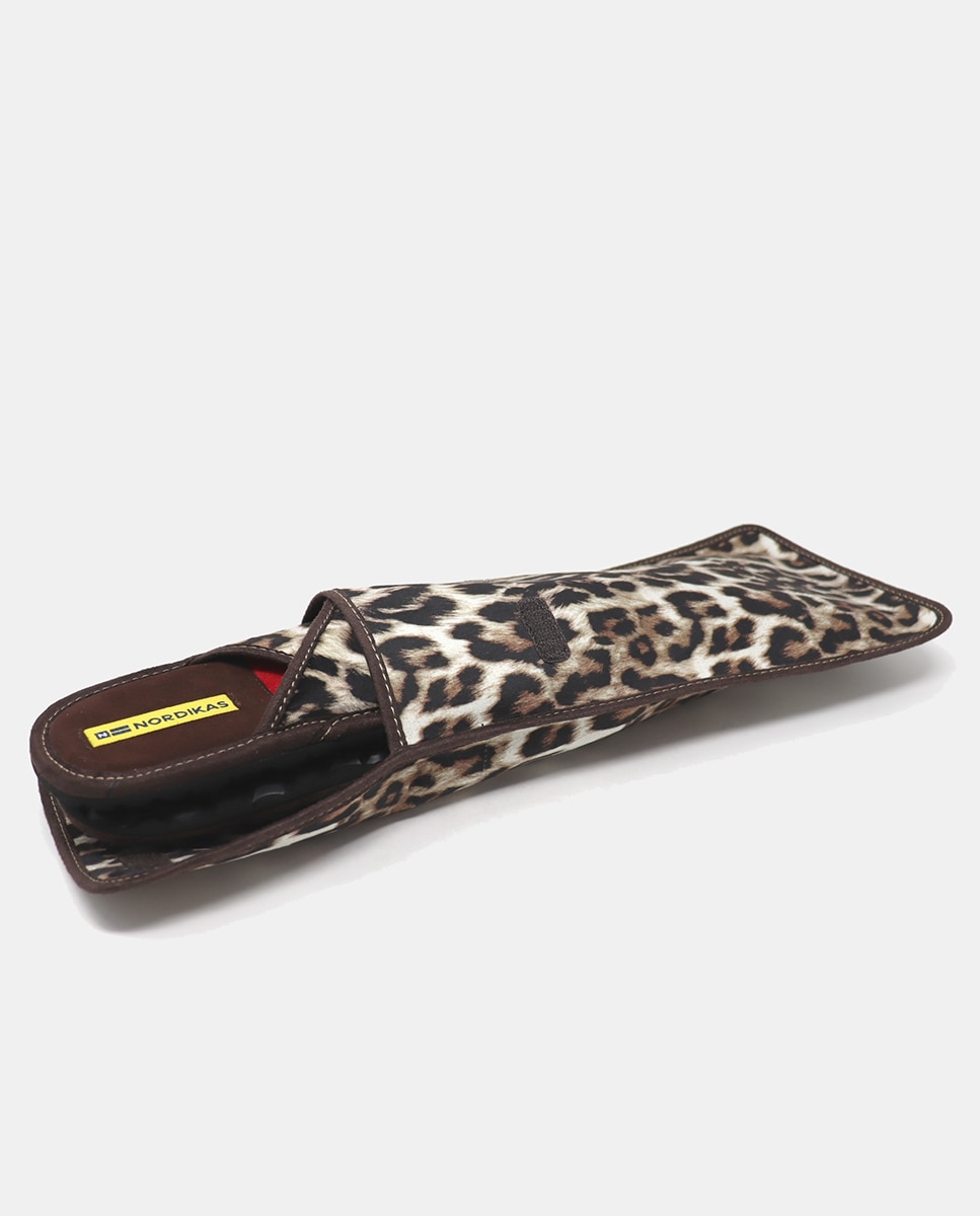 Zapatillas de casa abiertas mujer en tejido animal print - Nordikas - Marrón Marrón-5