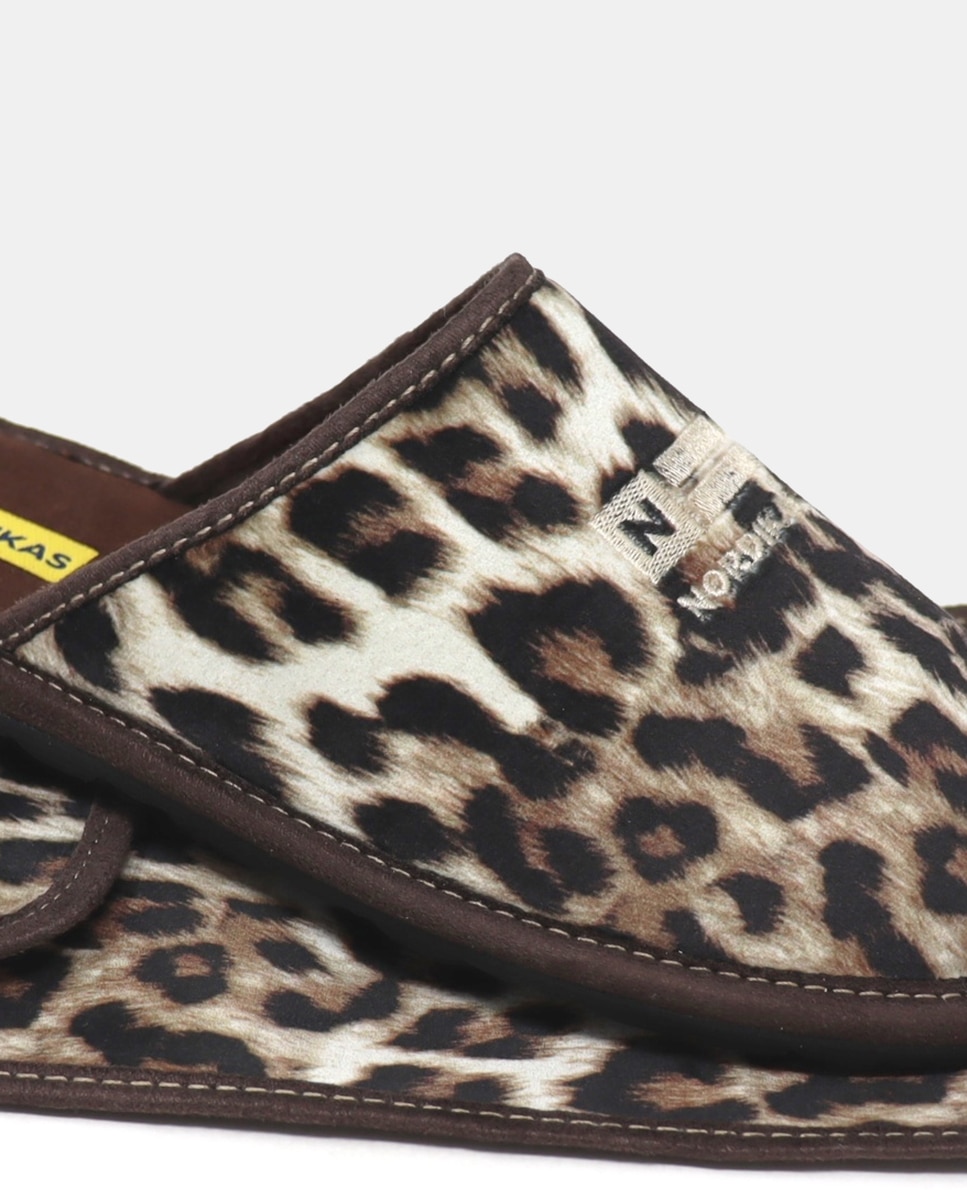 Zapatillas de casa abiertas mujer en tejido animal print - Nordikas - Marrón Marrón-6