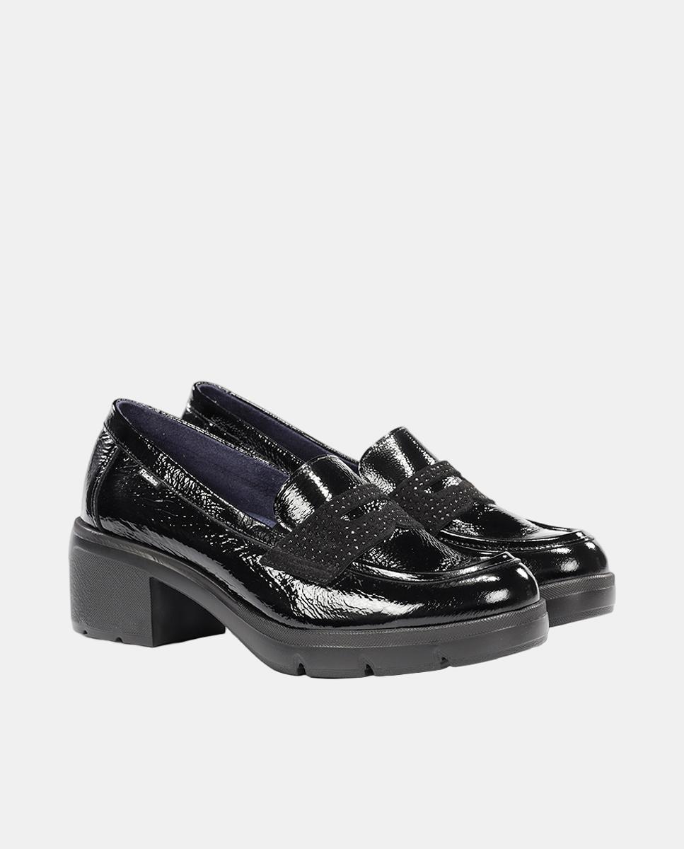 Mocassins em Pele com Salto de Bloco Extra Ligeiro Preto-2