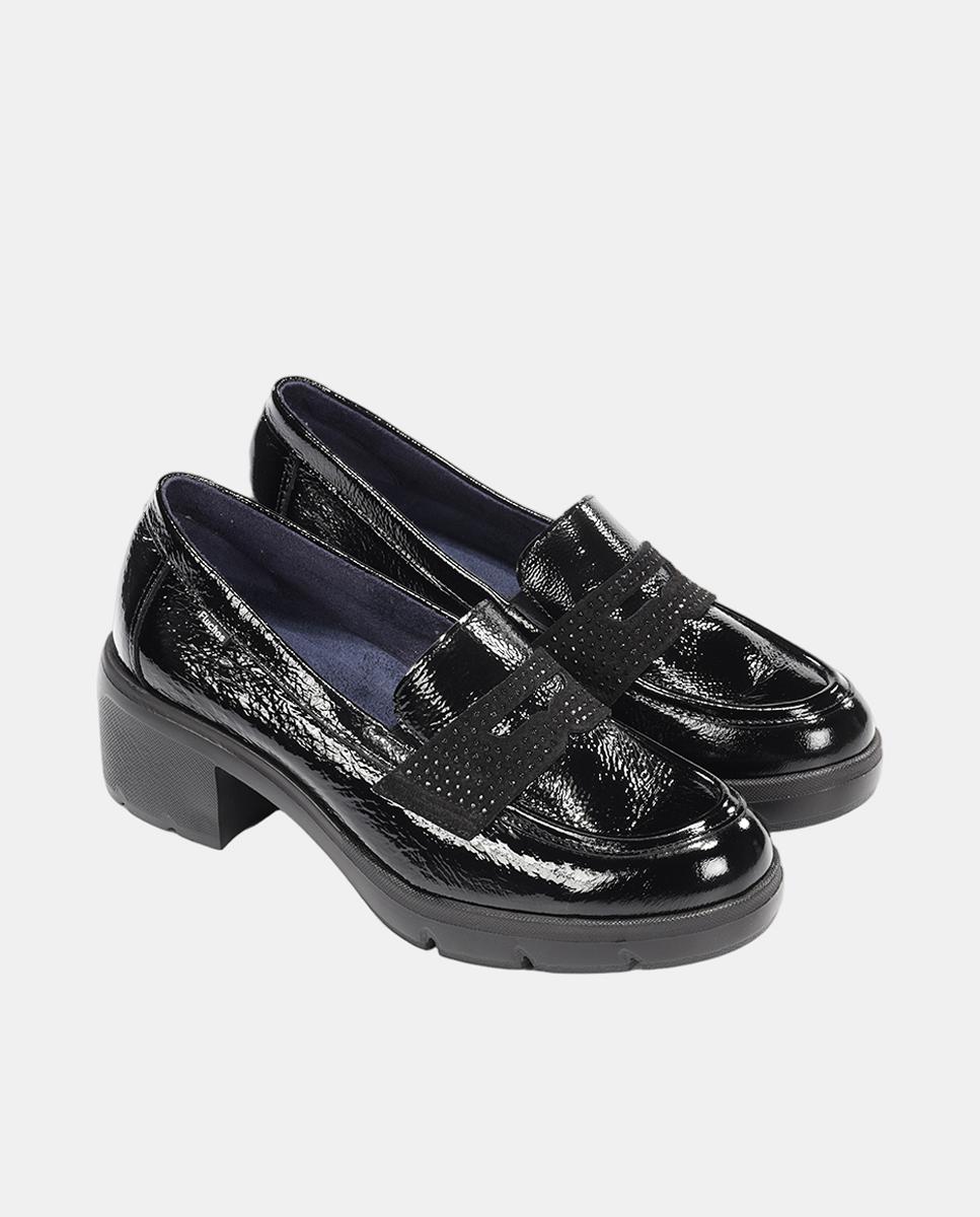 Mocassins em Pele com Salto de Bloco Extra Ligeiro Preto-4