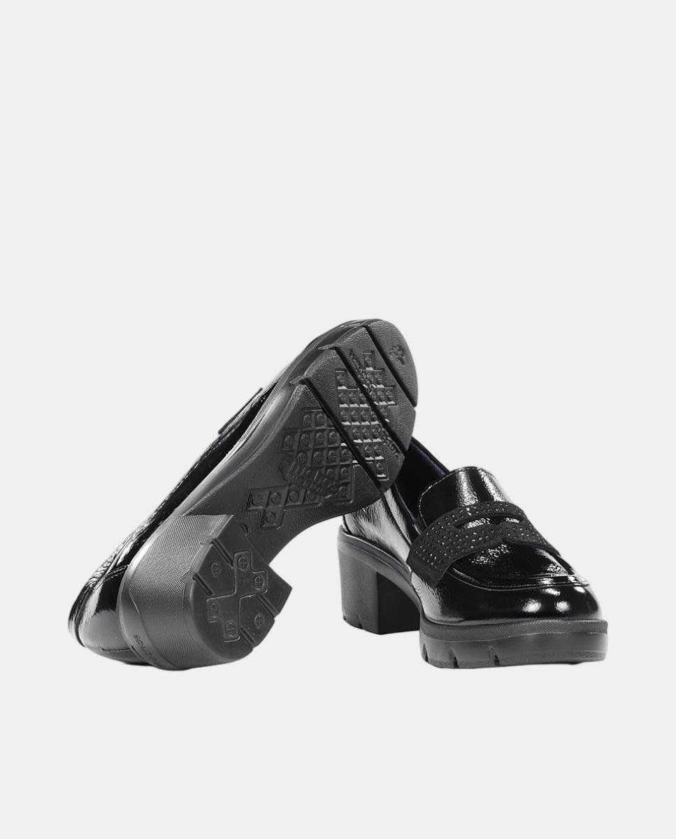 Mocassins em Pele com Salto de Bloco Extra Ligeiro Preto-6