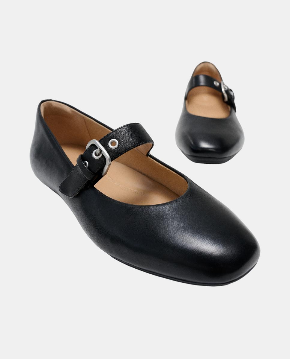 Sapatos de Presilha de Couro Preto-2