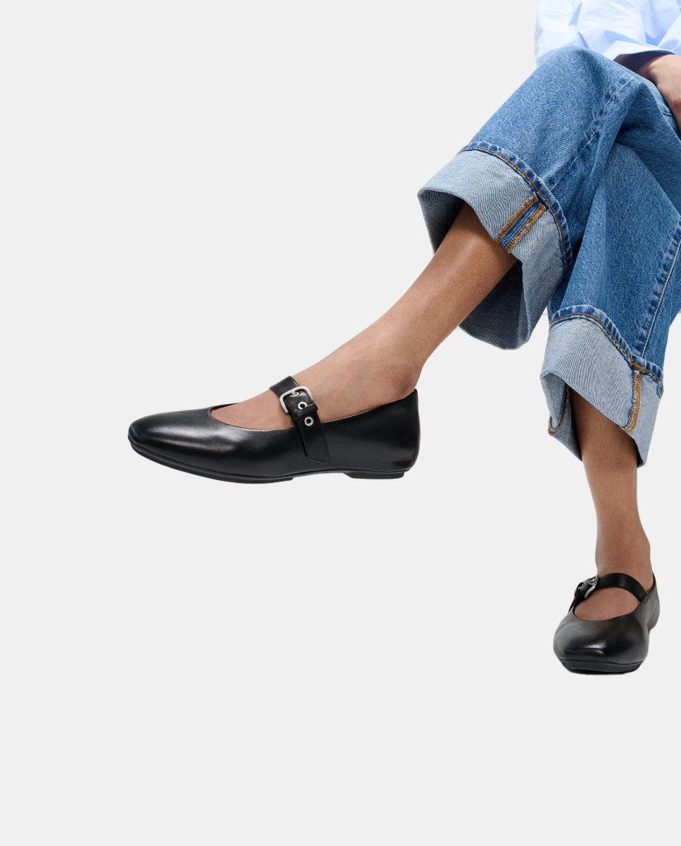 Sapatos de Presilha de Couro Preto-3