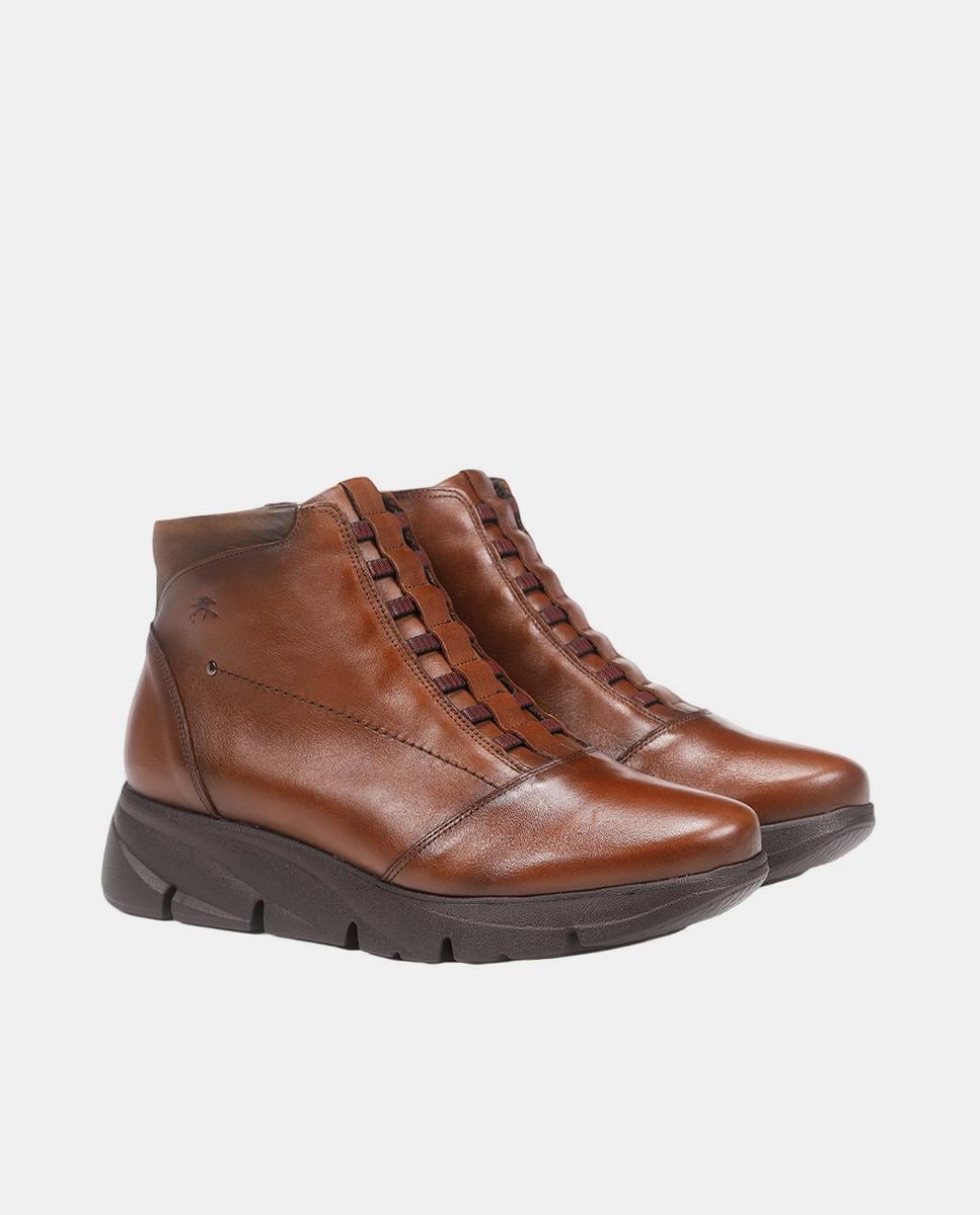 Botins de Cano Baixo com Fecho de Correr Lateral e Cunha em Pele - Preto Castanho-2