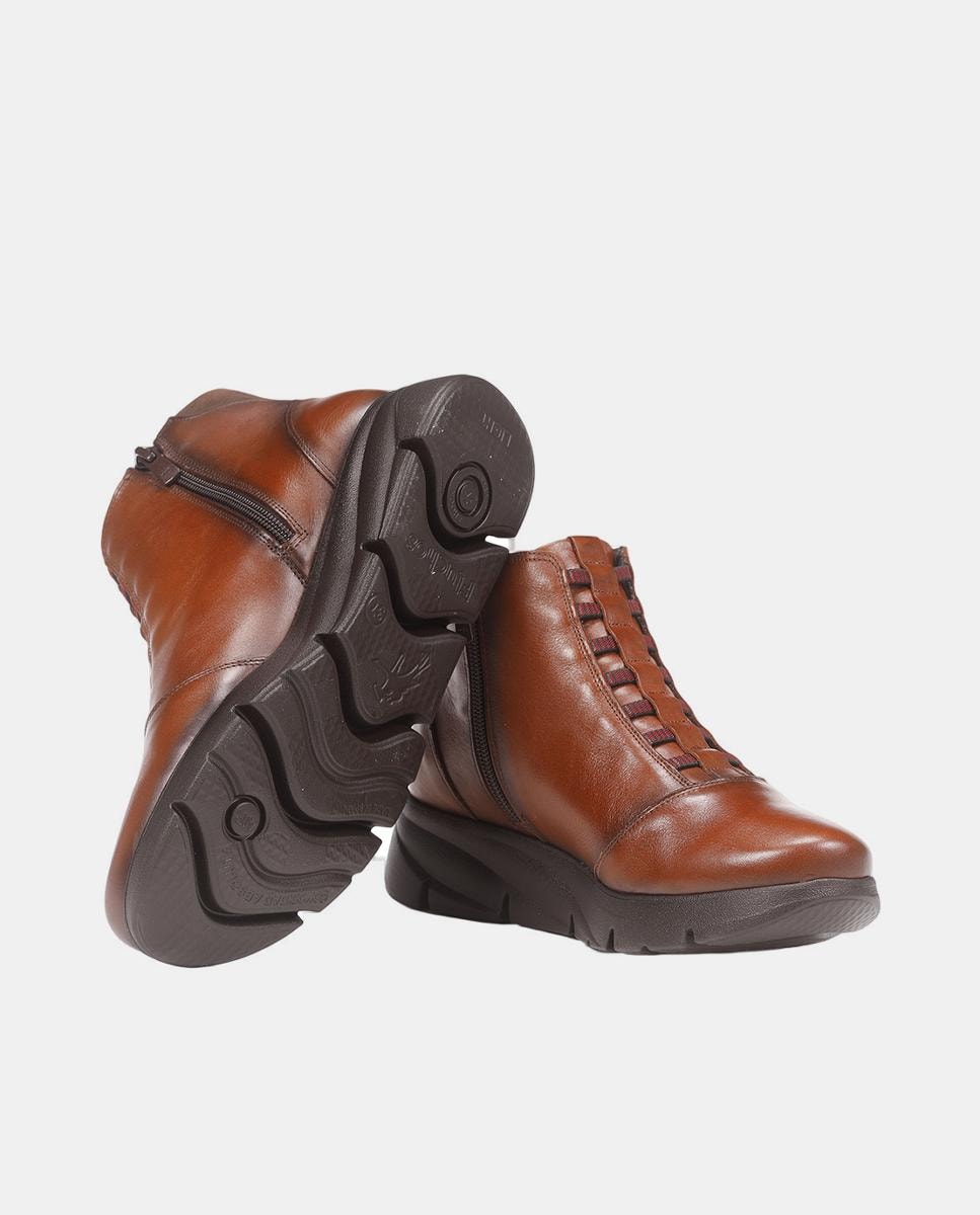 Botins de Cano Baixo com Fecho de Correr Lateral e Cunha em Pele - Preto Castanho-4