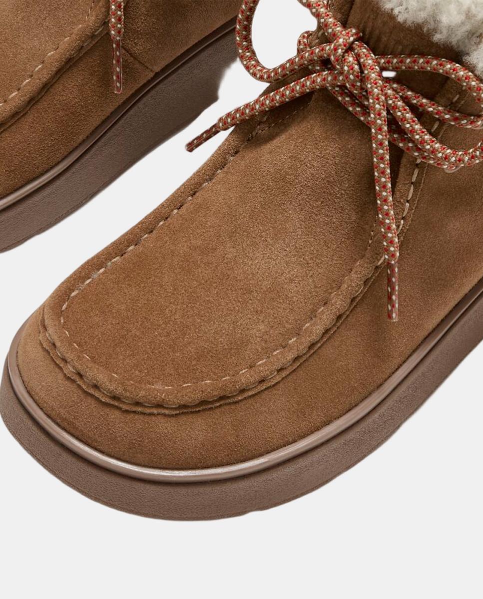 Botins em Pele Iqushion Comff com Costura à Vista e Dobra de Pelo de Borrego Castanho-3