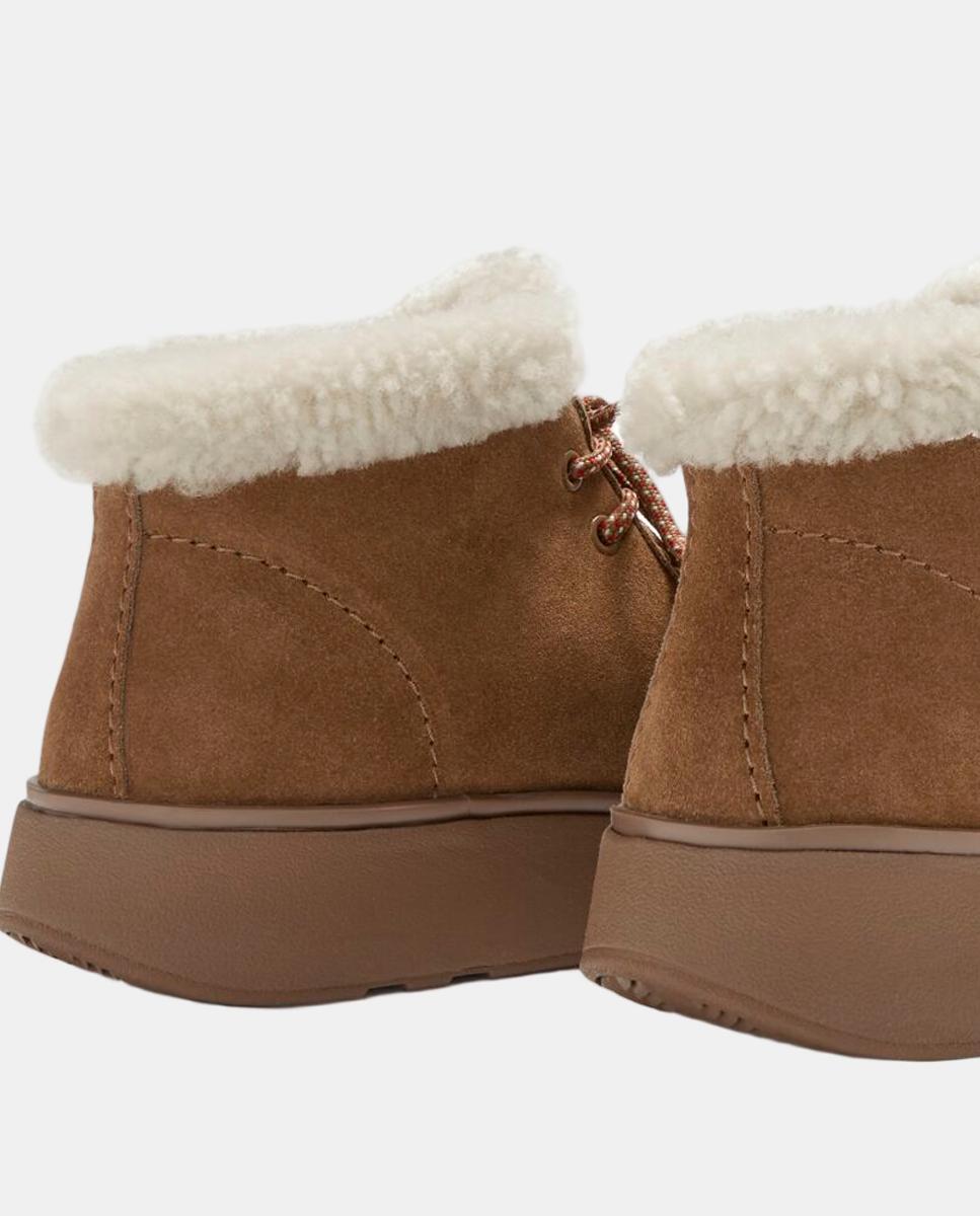 Botins em Pele Iqushion Comff com Costura à Vista e Dobra de Pelo de Borrego Castanho-4