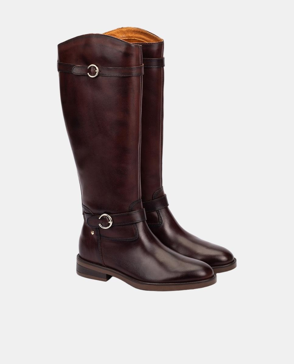 Botas de Mulher em Pele com Fecho de Correr e Fivelas Decorativas Castanho-escuro-2