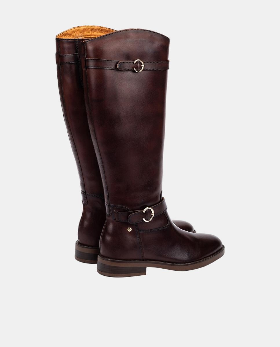 Botas de Mulher em Pele com Fecho de Correr e Fivelas Decorativas Castanho-escuro-3