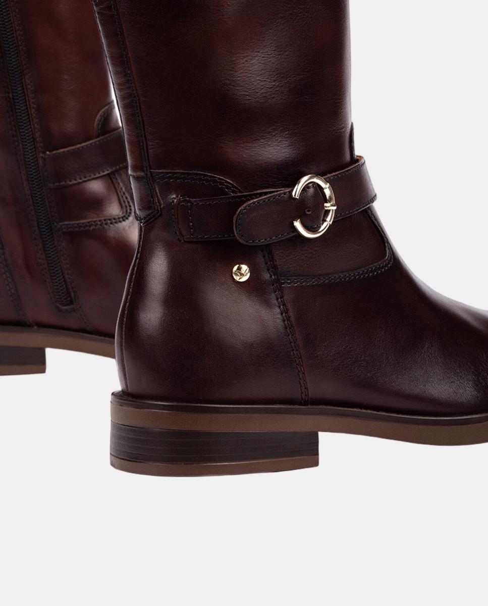 Botas de Mulher em Pele com Fecho de Correr e Fivelas Decorativas Castanho-escuro-4