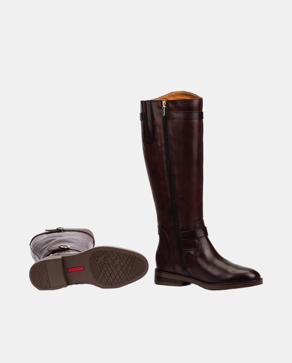 Botas de Mulher em Pele com Fecho de Correr e Fivelas Decorativas Castanho-escuro-5