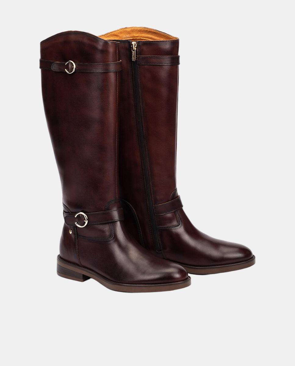 Botas de Mulher em Pele com Fecho de Correr e Fivelas Decorativas Castanho-escuro-6