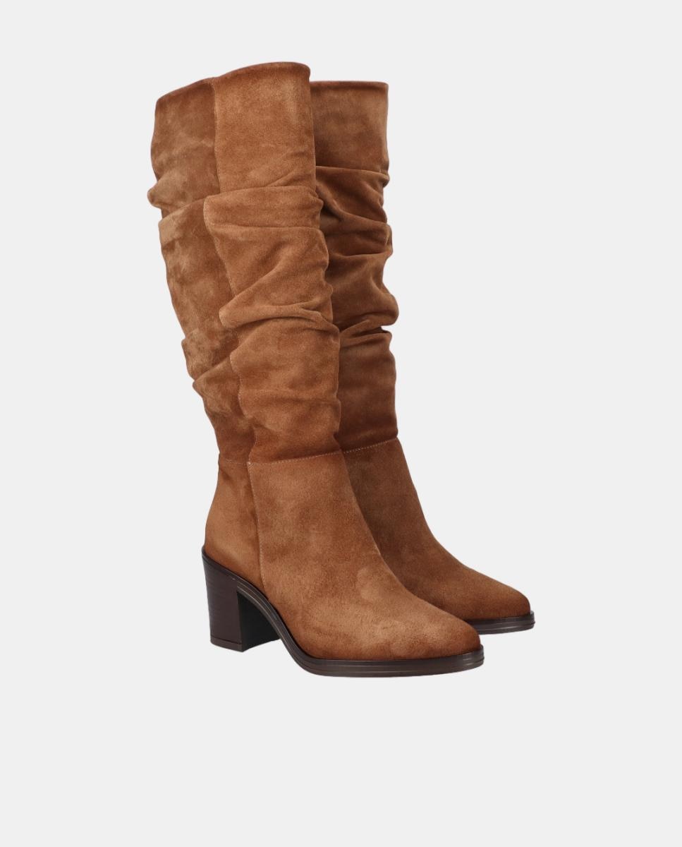 Botas Altas de Croute Enrugada com Salto Castanho taupe-2