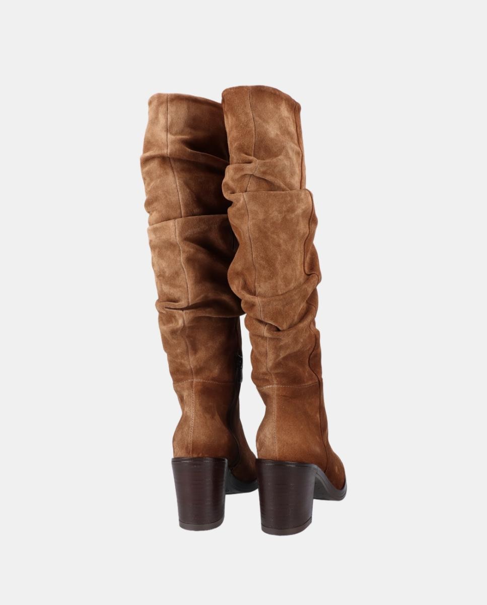 Botas Altas de Croute Enrugada com Salto Castanho taupe-3